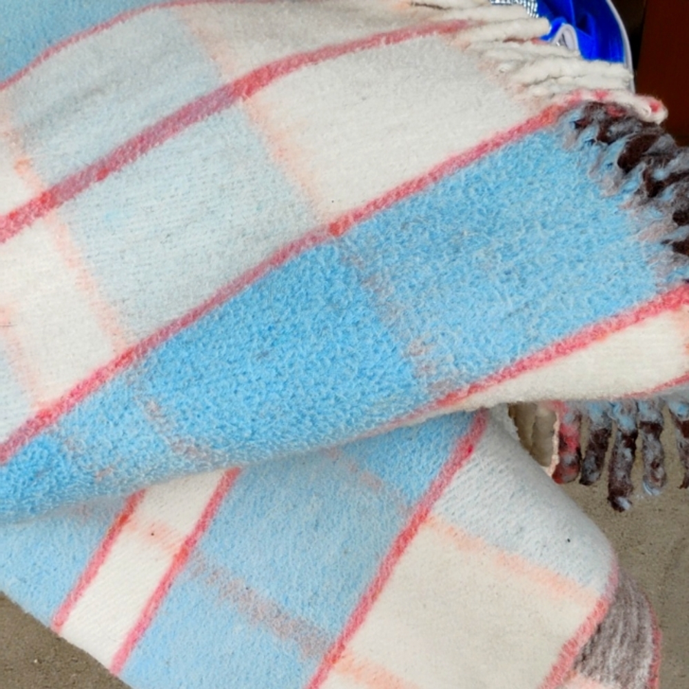 🇺🇲 Vintage BLANKET Reversible Sky Blue Cream Coral  & Brown